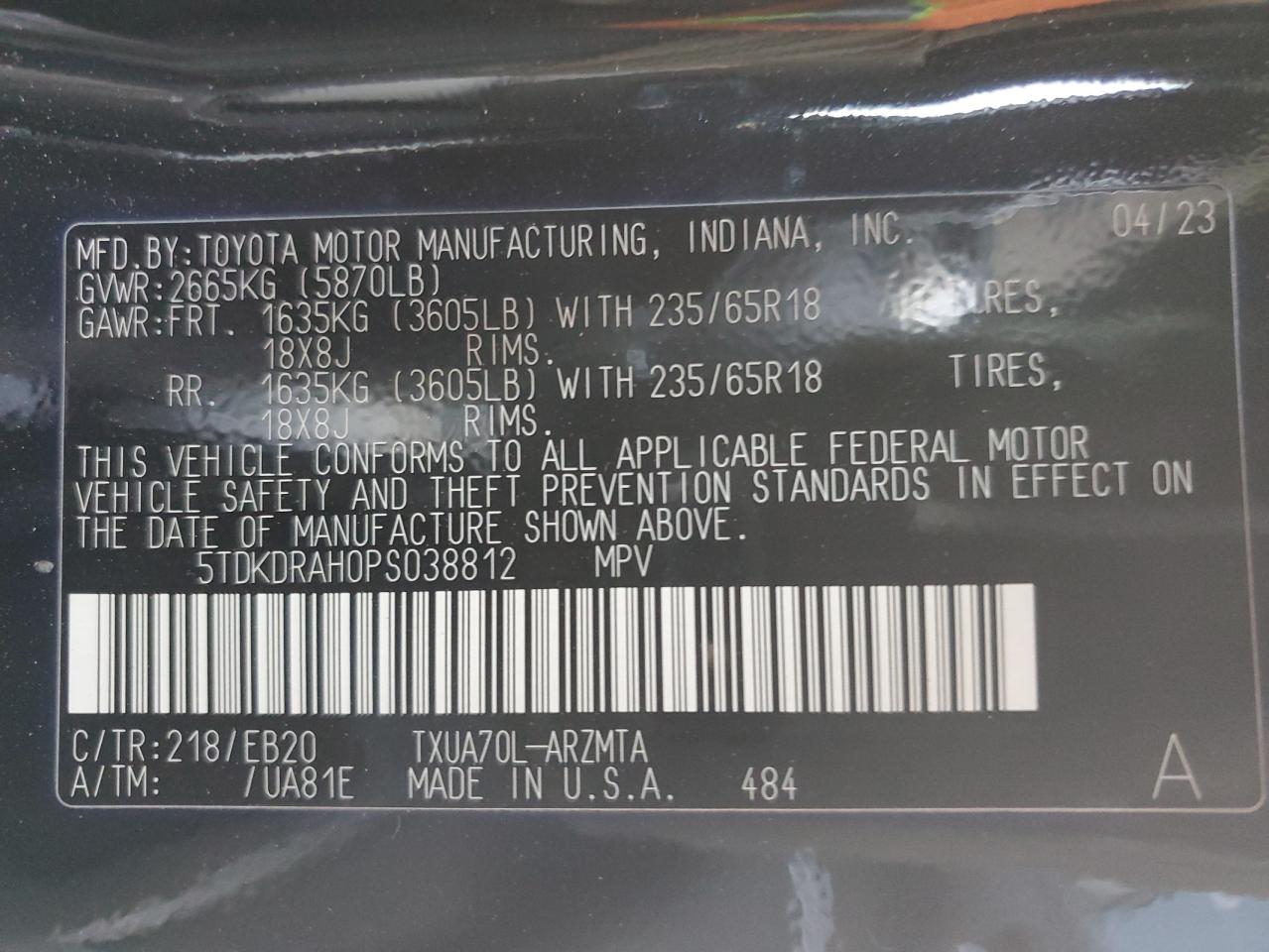 2023 TOYOTA HIGHLANDER L VIN:5TDKDRAH0PS038812