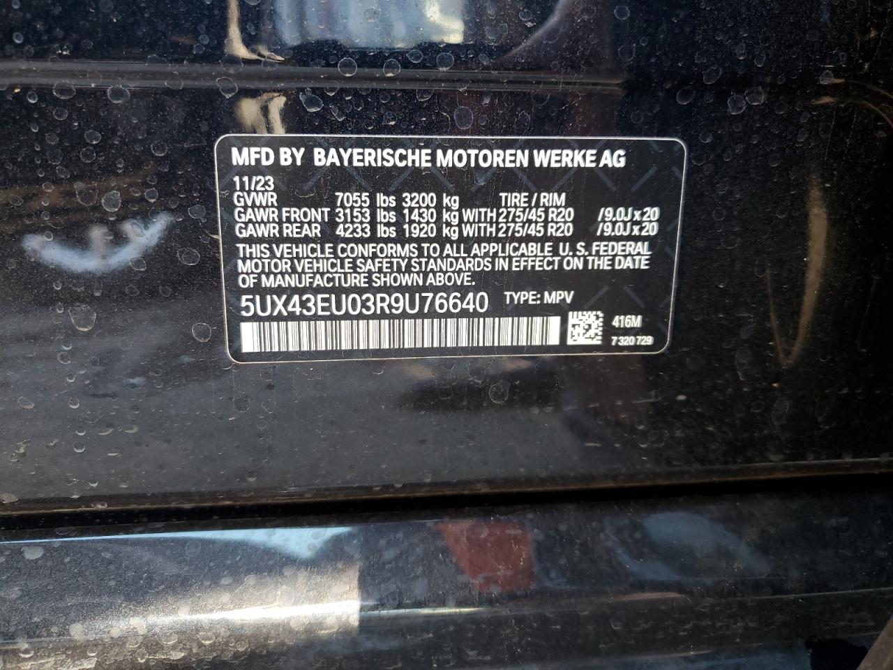 2024 BMW X5 XDRIVE50E VIN:5UX43EU03R9U76640