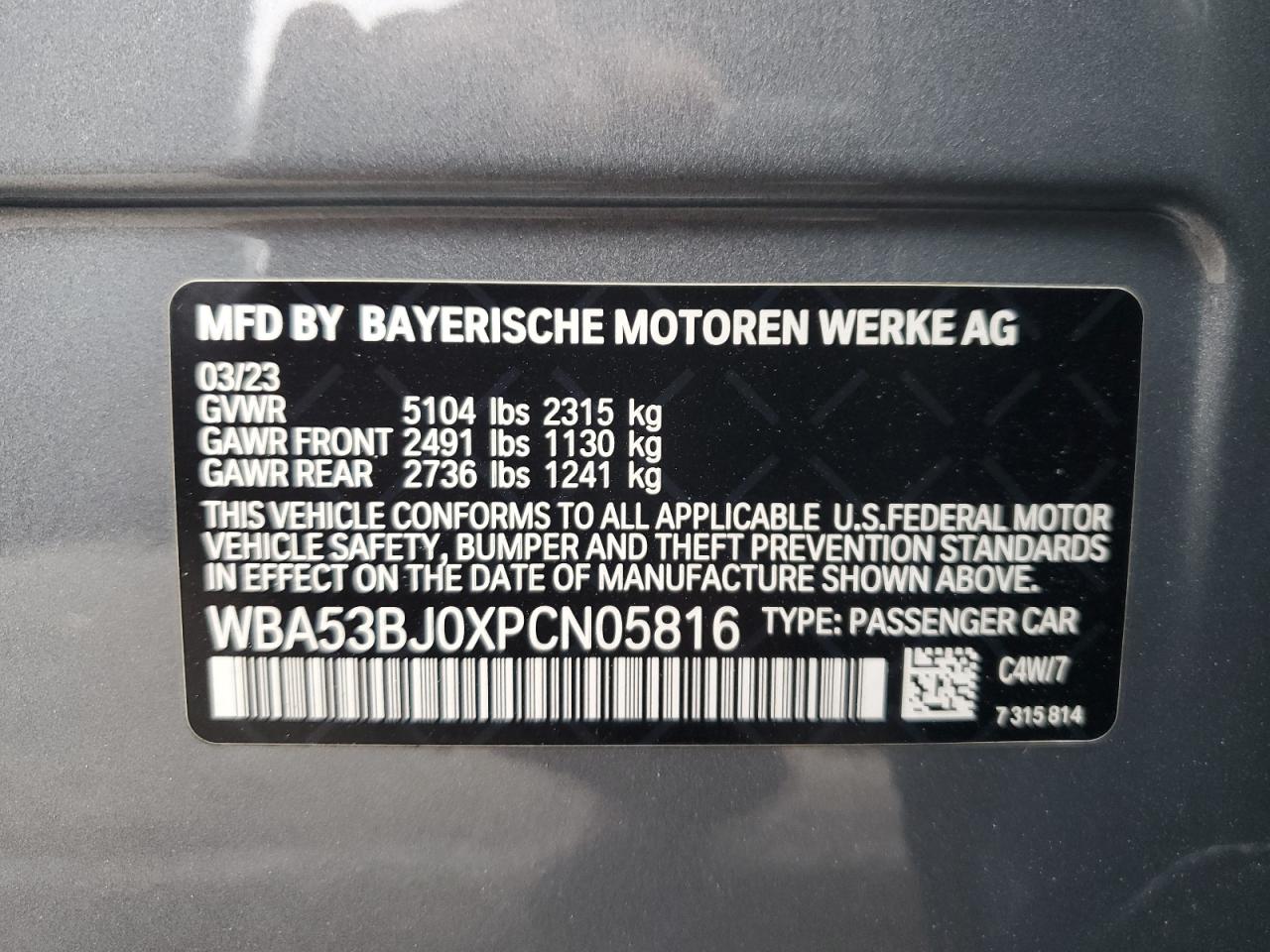 2023 BMW 540 I VIN:WBA53BJ0XPCN05816