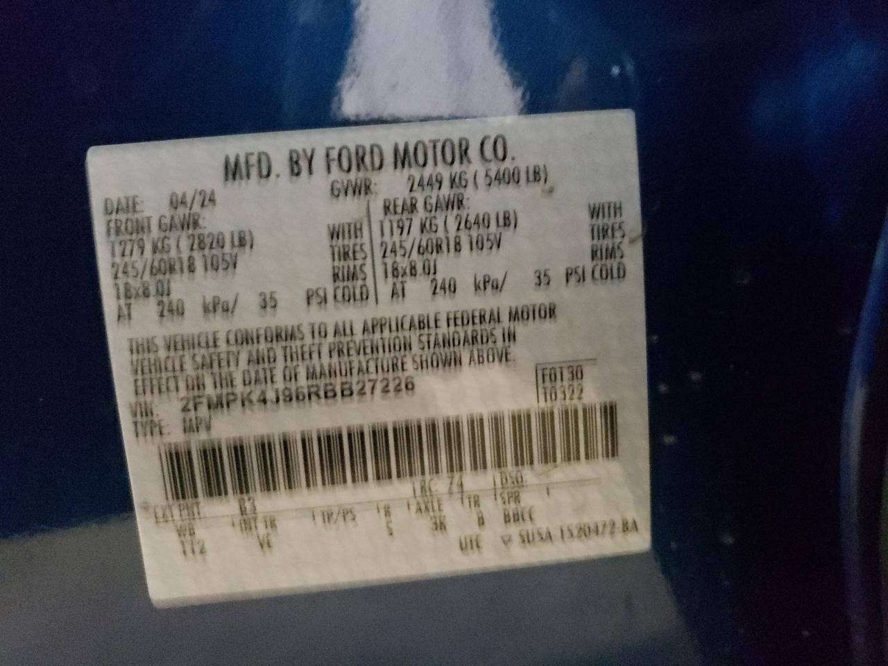2024 FORD EDGE SEL VIN:2FMPK4J96RBB27226