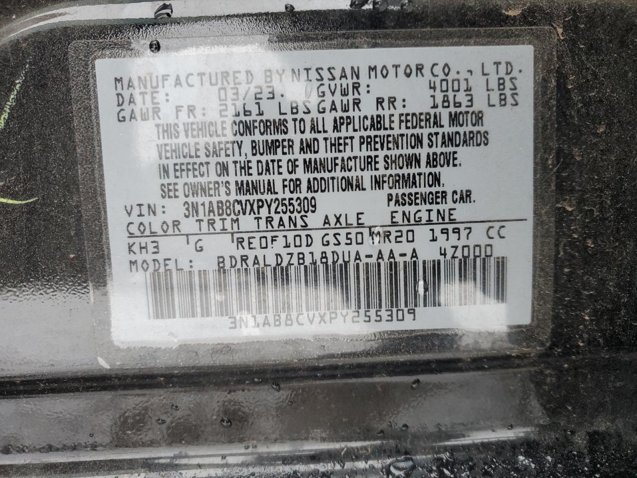 2023 NISSAN SENTRA SV VIN:3N1AB8CVXPY255309