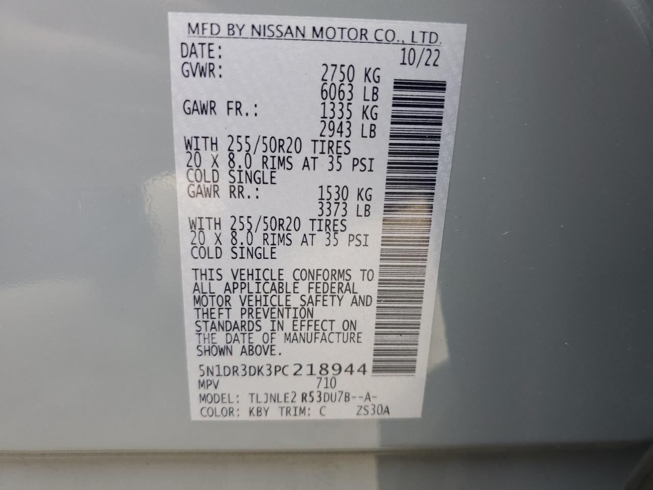 2023 NISSAN PATHFINDER PLATINUM VIN:5N1DR3DK3PC218944