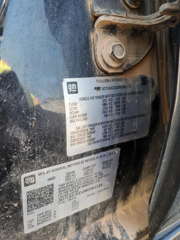 2022 GMC SIERRA K1500 ELEVATION VIN:3GTUUCED2NG561516