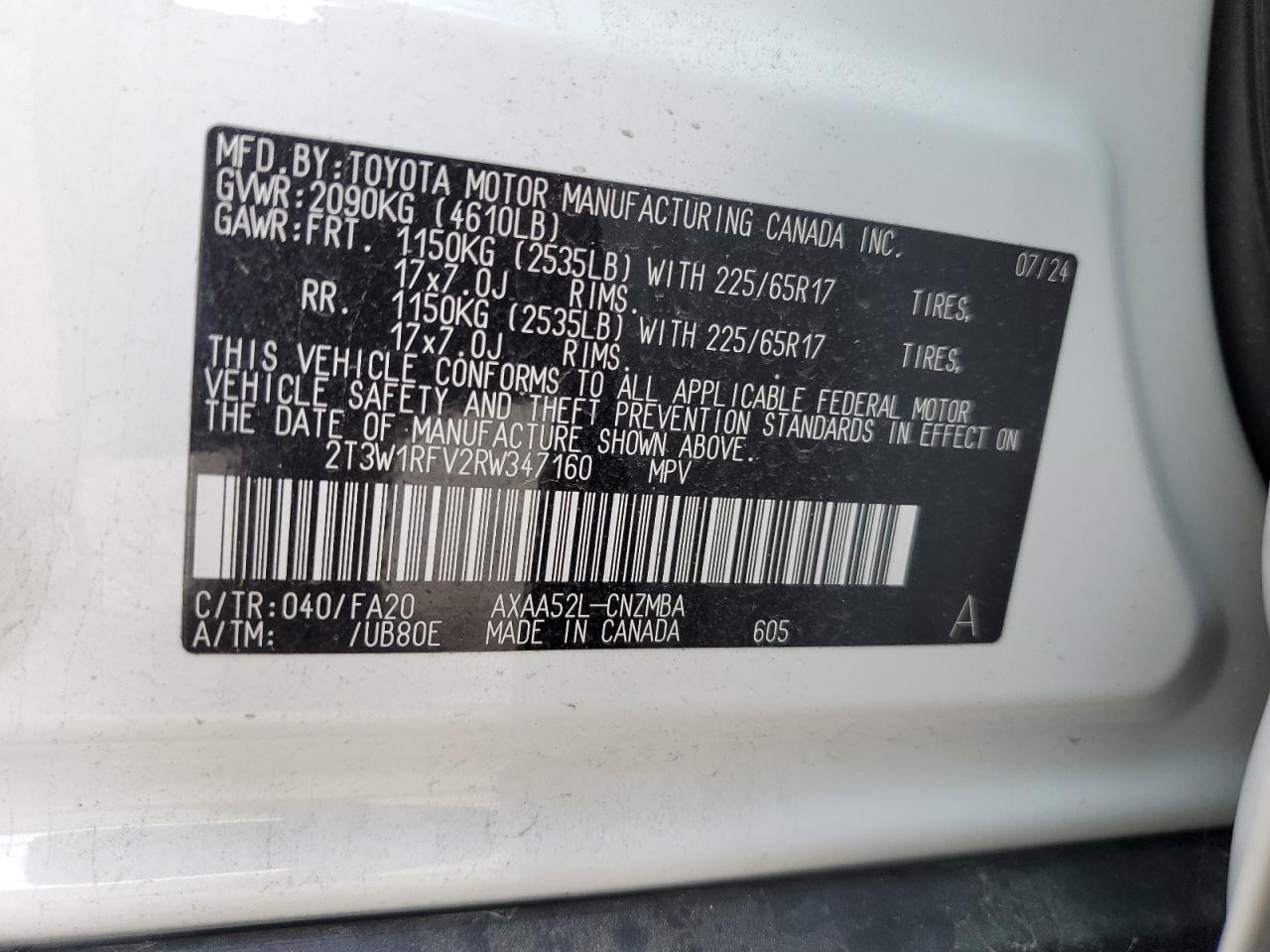 2024 TOYOTA RAV4 XLE VIN:2T3W1RFV2RW347160