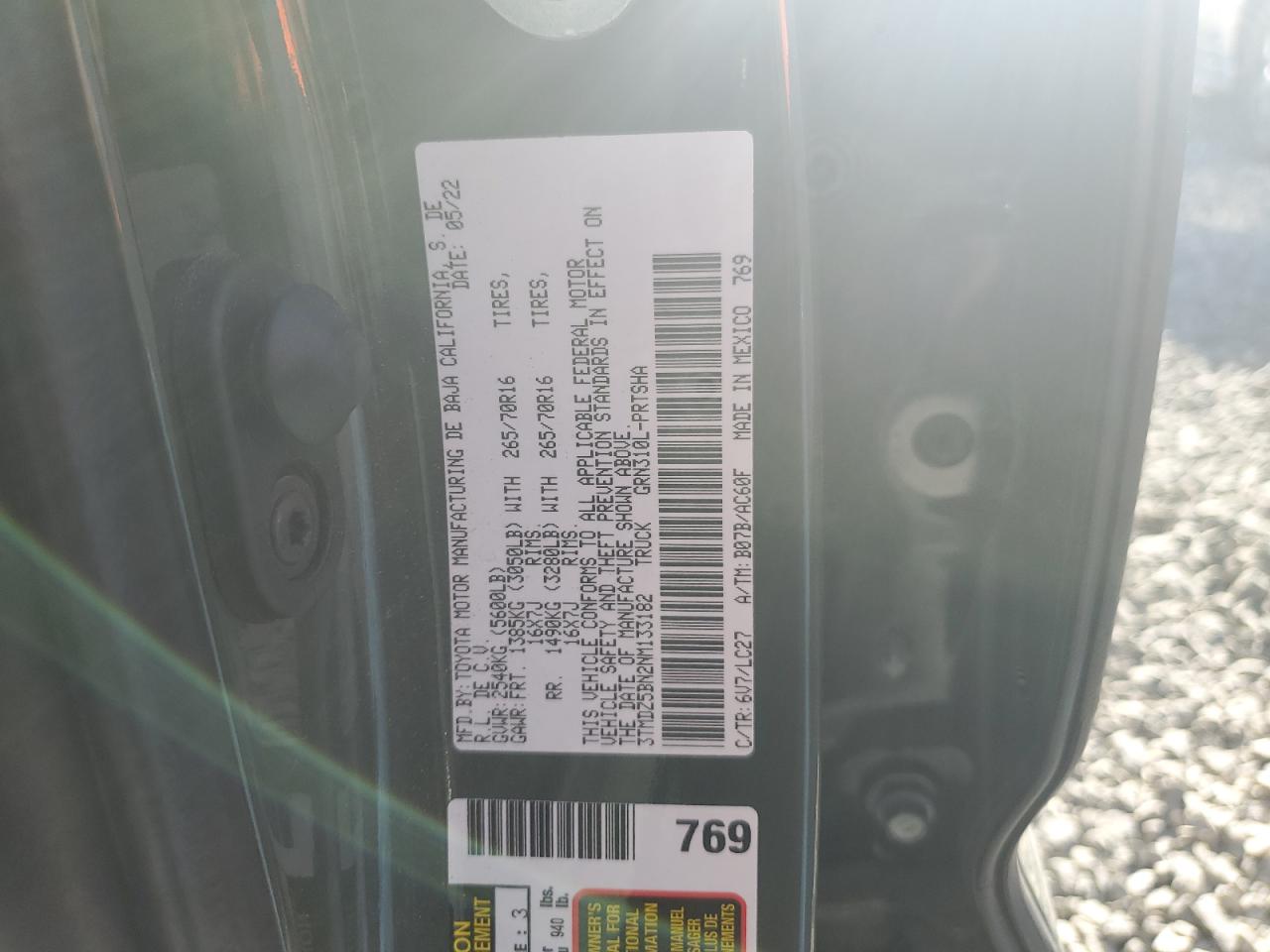 2022 TOYOTA TACOMA DOUBLE CAB VIN:3TMDZ5BN2NM133182