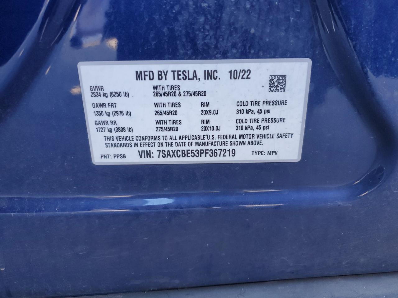 2023 TESLA MODEL X  VIN:7SAXCBE53PF367219
