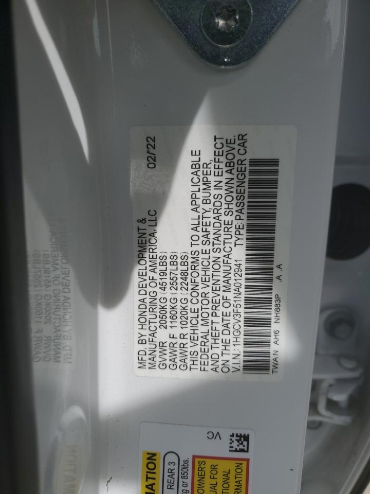 2022 HONDA ACCORD HYBRID EXL VIN:1HGCV3F51NA012941