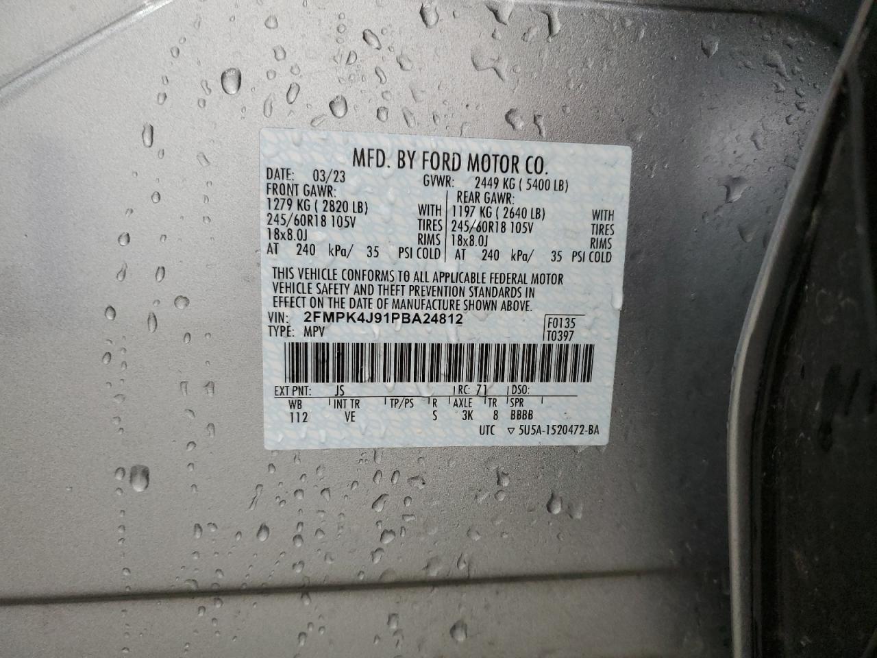 2023 FORD EDGE SEL VIN:2FMPK4J91PBA24812