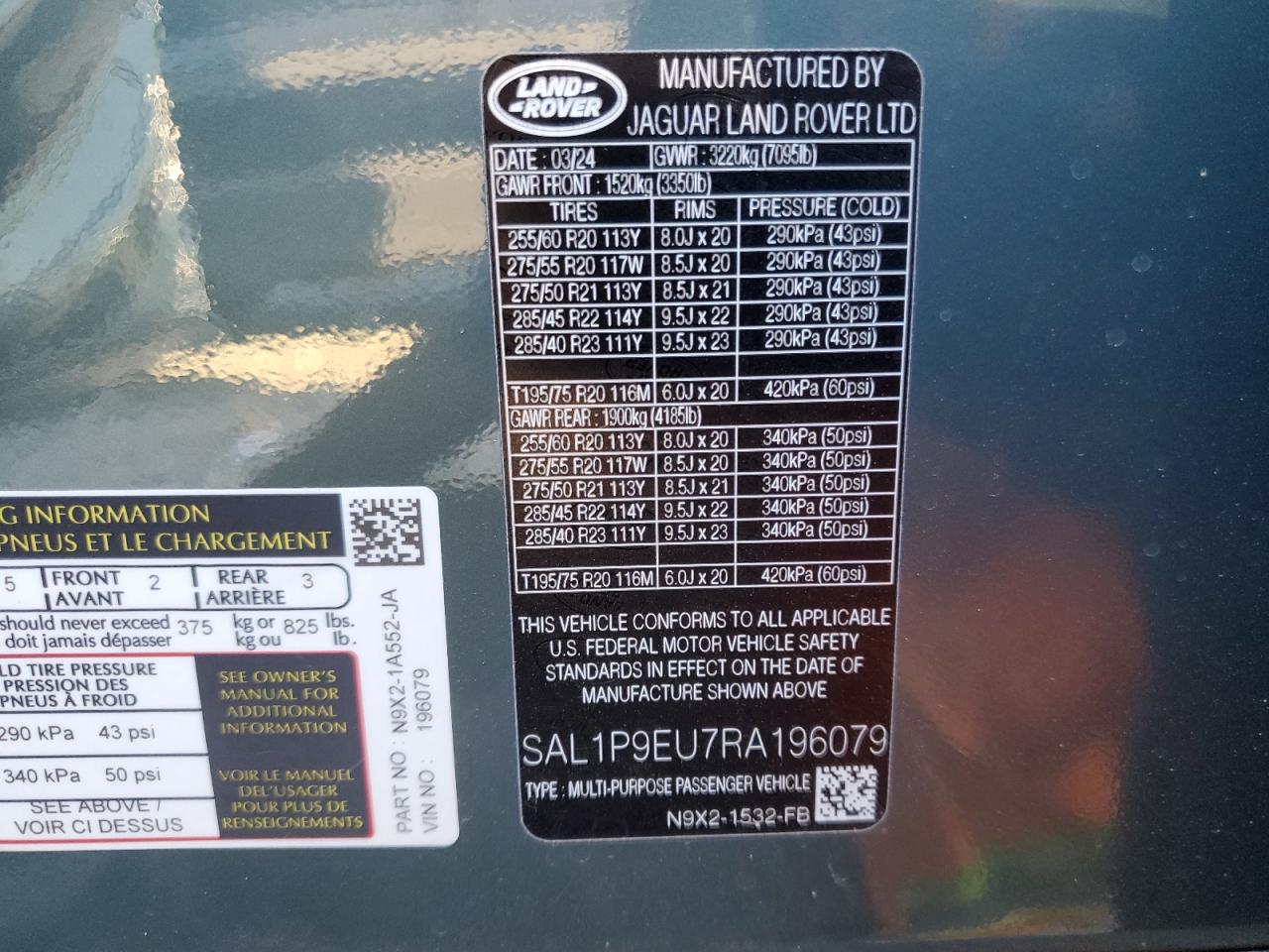 2024 LAND ROVER RANGE ROVER SPORT SE VIN:SAL1P9EU7RA196079