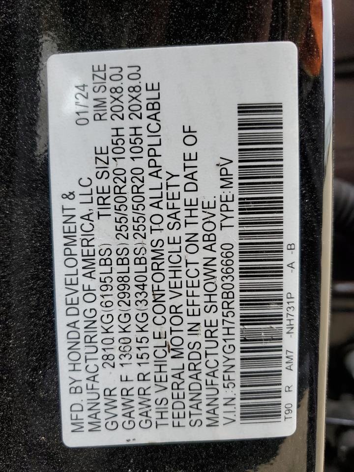2024 HONDA PILOT TOURING VIN:5FNYG1H75RB036660