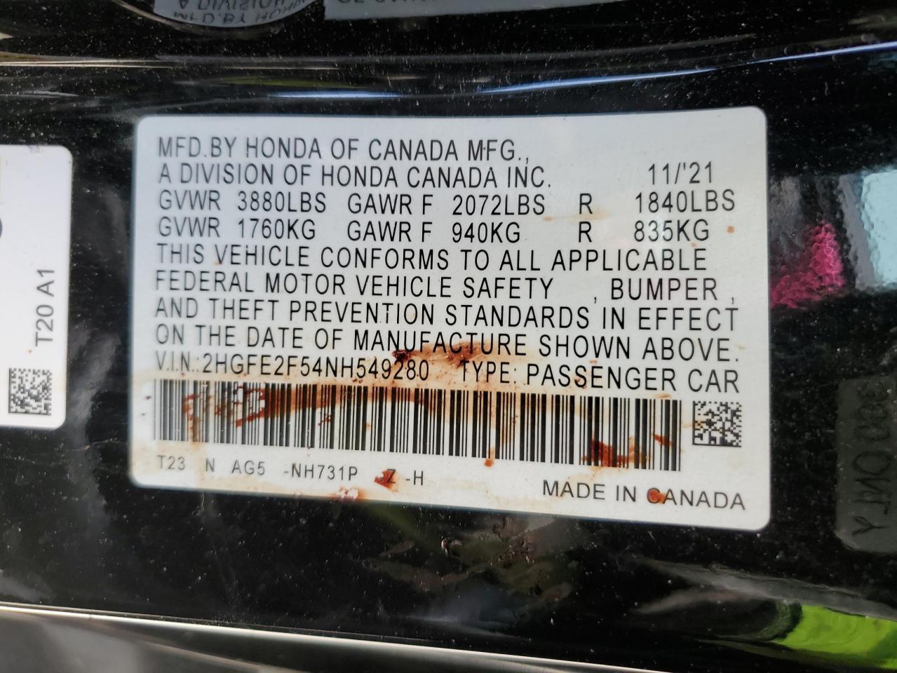 2022 HONDA CIVIC SPORT VIN:2HGFE2F54NH549280