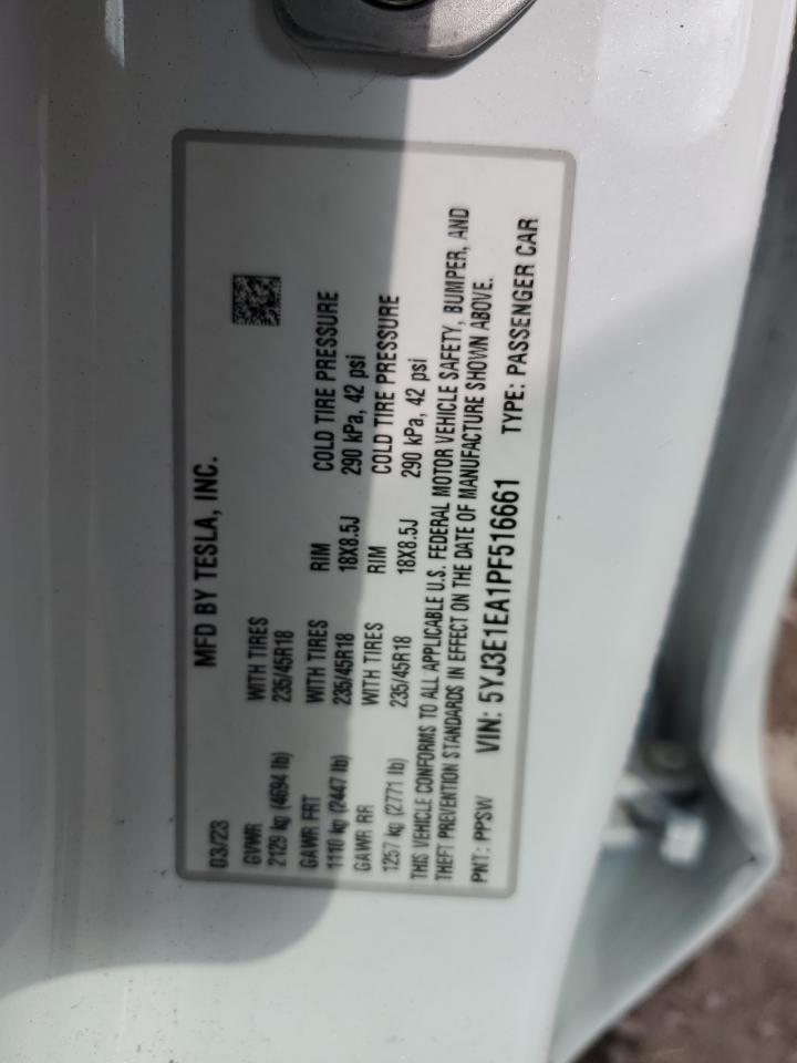 2023 TESLA MODEL 3  VIN:5YJ3E1EA1PF516661