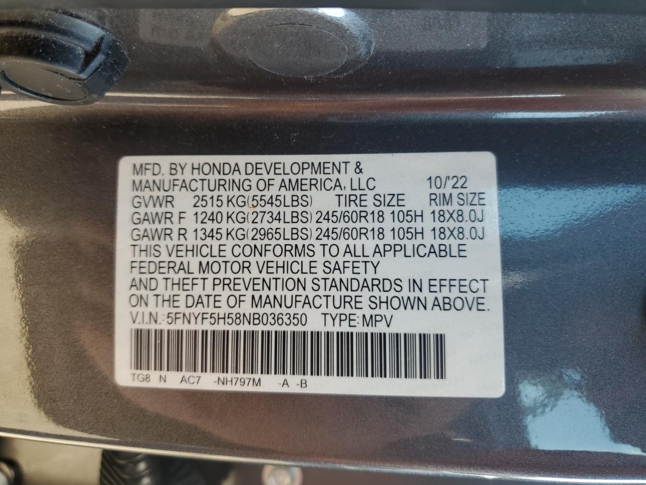 2022 HONDA PILOT EXL VIN:5FNYF5H58NB036350