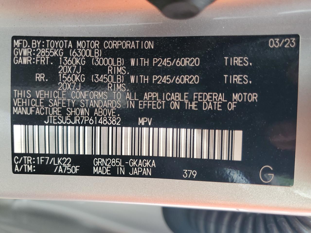 2023 TOYOTA 4RUNNER SE VIN:JTESU5JR7P6148382