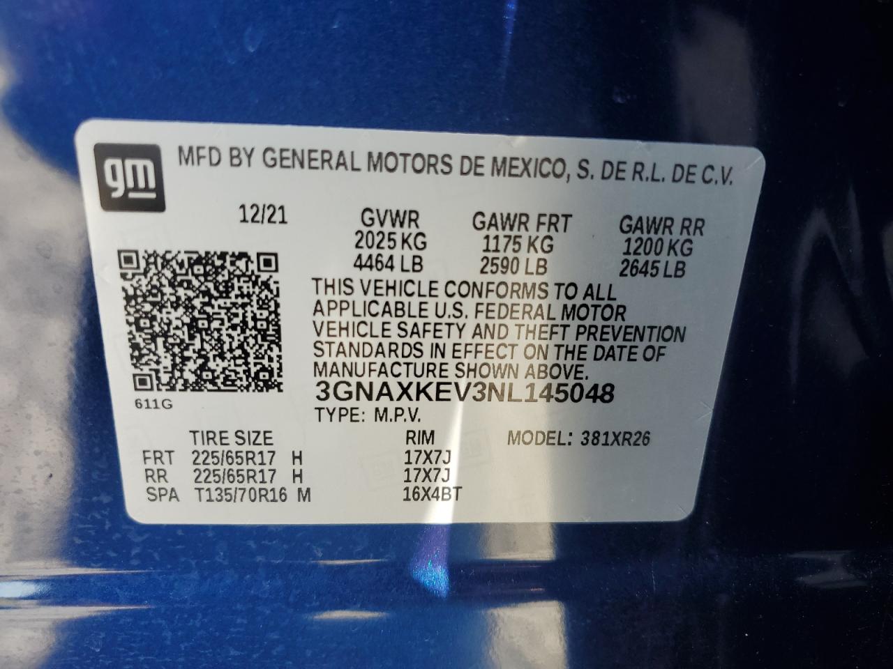 2022 CHEVROLET EQUINOX LT VIN:3GNAXKEV3NL145048