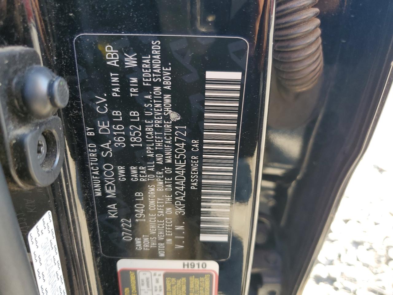 2022 KIA RIO LX VIN:3KPA24AD4NE504721