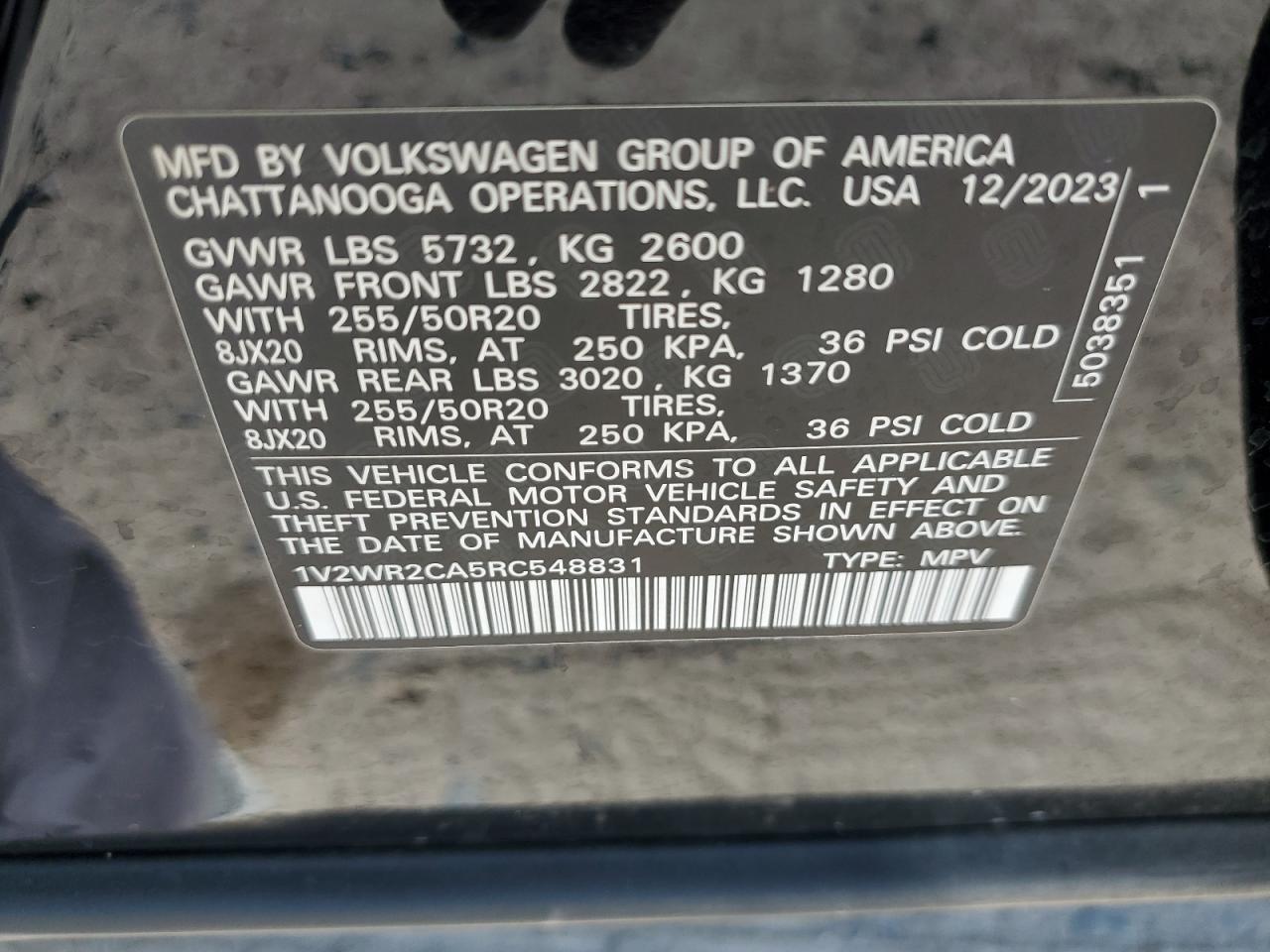 2024 VOLKSWAGEN ATLAS SE VIN:1V2WR2CA5RC548831