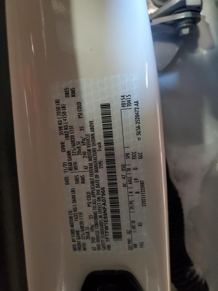 2022 FORD F150 SUPERCREW VIN:1FTFW1E89NFA07966