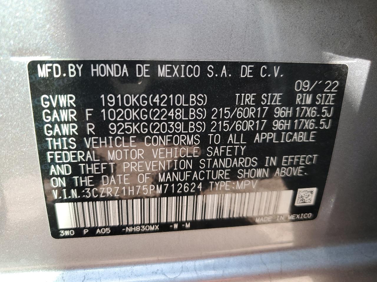 2023 HONDA HR-V EXL VIN:3CZRZ1H75PM712624