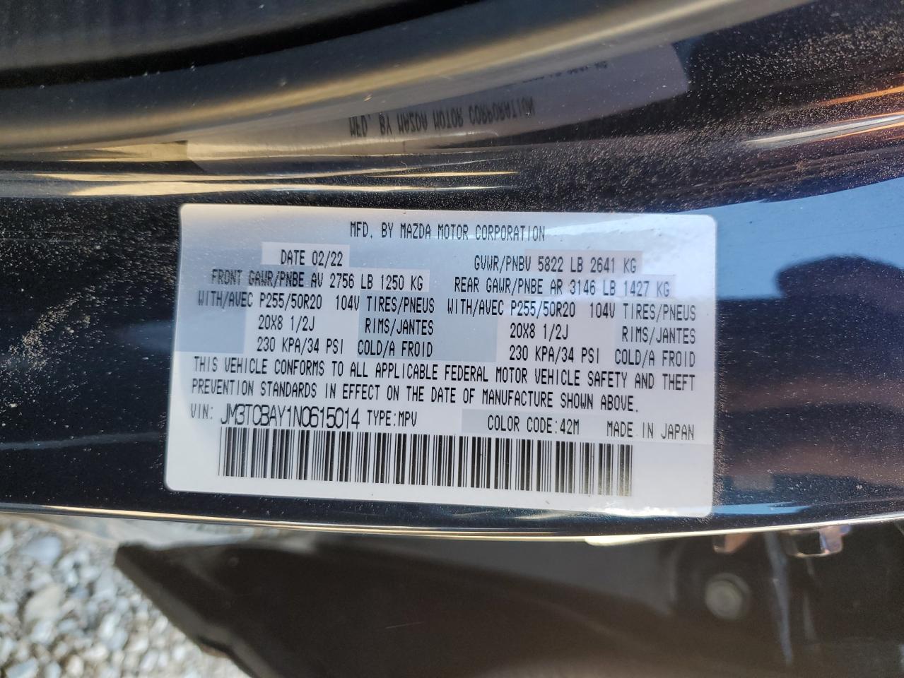 2022 MAZDA CX-9 TOURING PLUS VIN:JM3TCBAY1N0615014