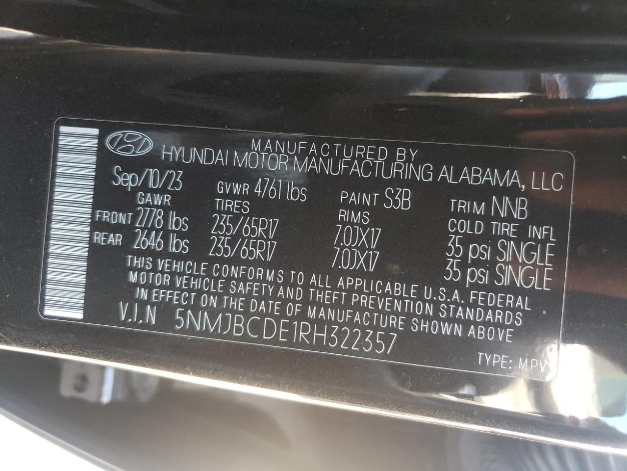 2024 HYUNDAI TUCSON SEL VIN:5NMJBCDE1RH322357