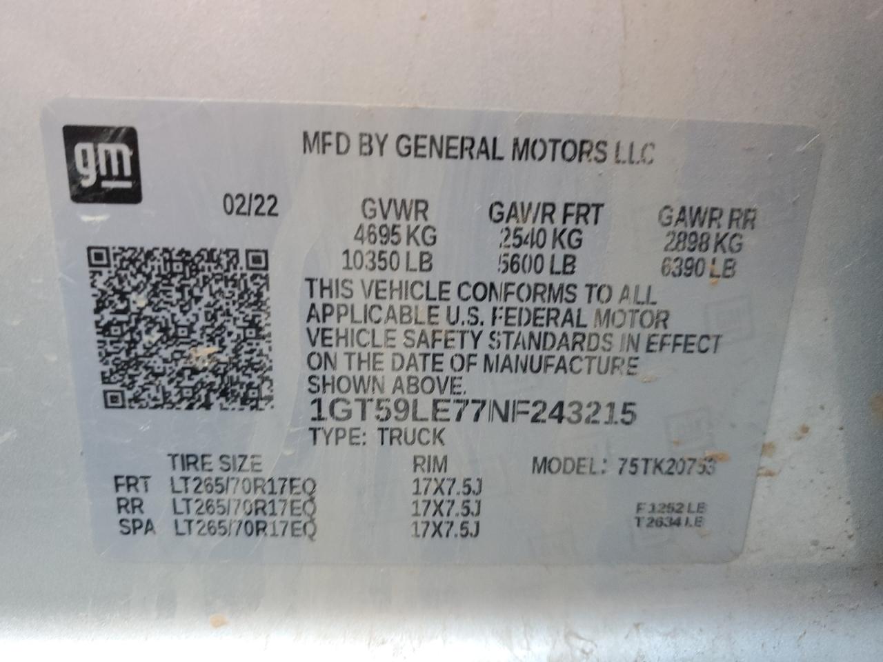 2022 GMC SIERRA K2500 HEAVY DUTY VIN:1GT59LE77NF243215
