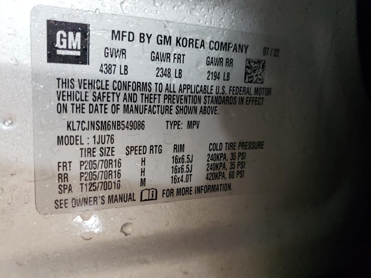 2022 CHEVROLET TRAX LS VIN:KL7CJNSM6NB549086