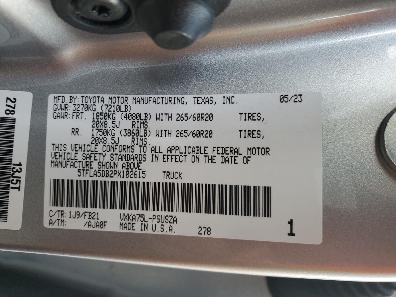 2023 TOYOTA TUNDRA CREWMAX SR VIN:5TFLA5DB2PX102615
