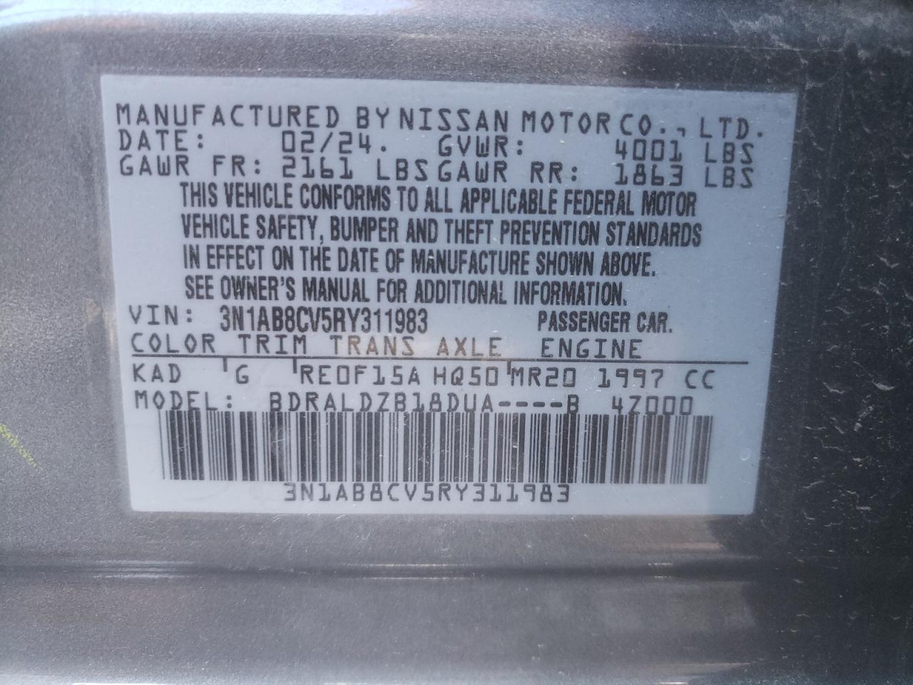 2024 NISSAN SENTRA SV VIN:3N1AB8CV5RY311983