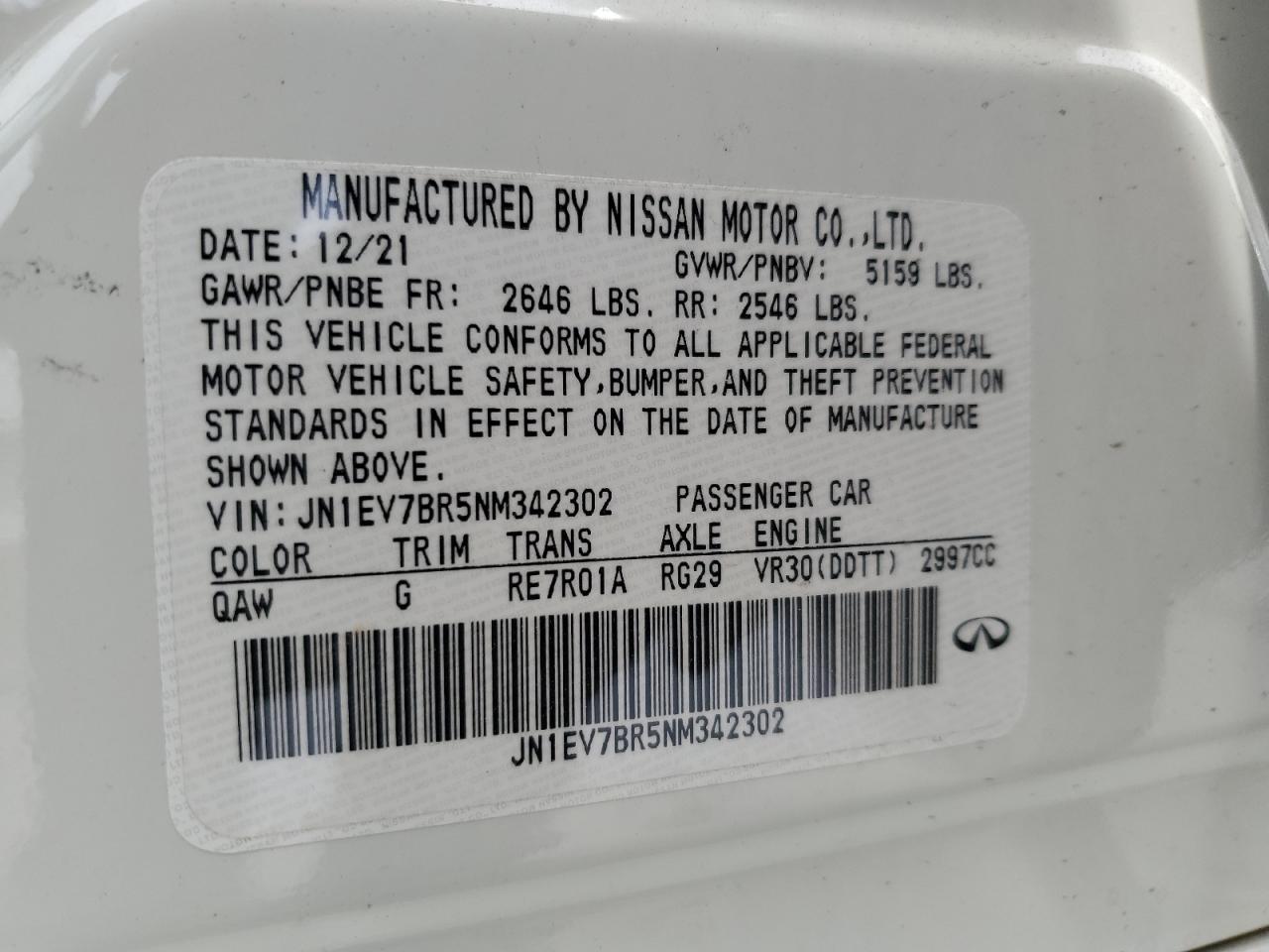 2022 INFINITI Q50 LUXE VIN:JN1EV7BR5NM342302