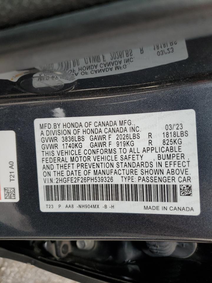2023 HONDA CIVIC LX VIN:2HGFE2F26PH539326