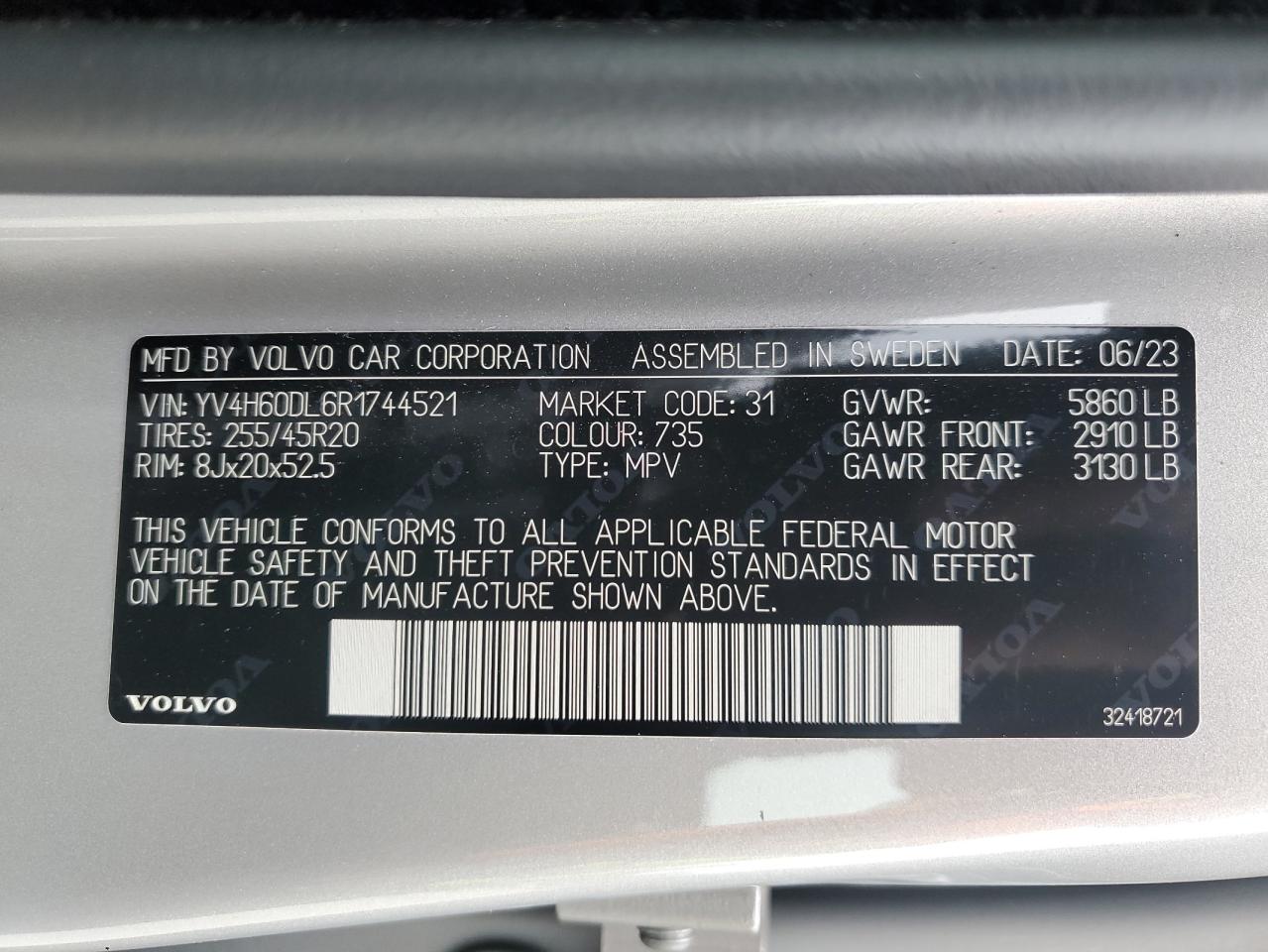 2024 VOLVO XC60 PLUS VIN:YV4H60DL6R1744521