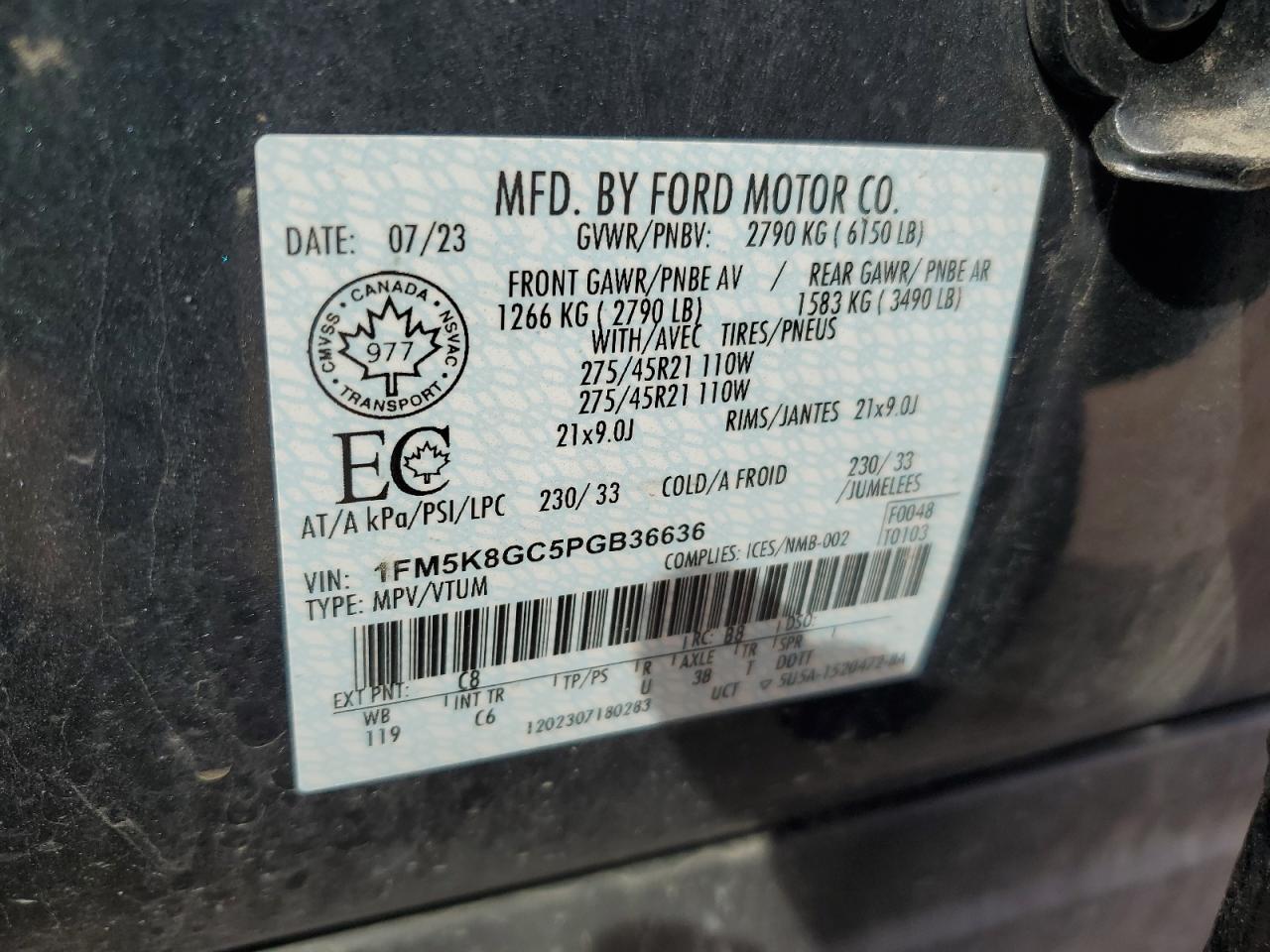 2023 FORD EXPLORER ST VIN:1FM5K8GC5PGB36636