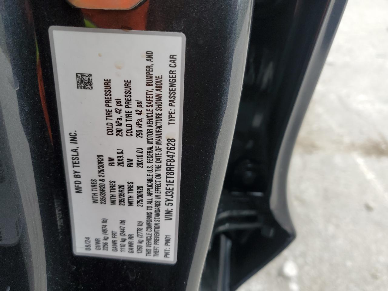 2024 TESLA MODEL 3  VIN:5YJ3E1ET8RF847628
