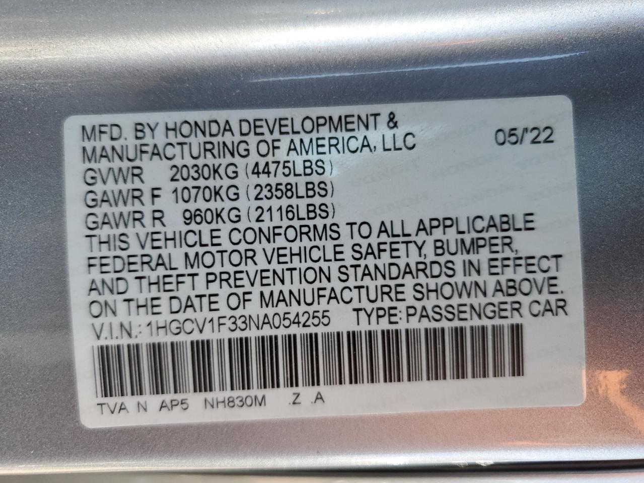 2022 HONDA ACCORD SPORT VIN:1HGCV1F33NA054255