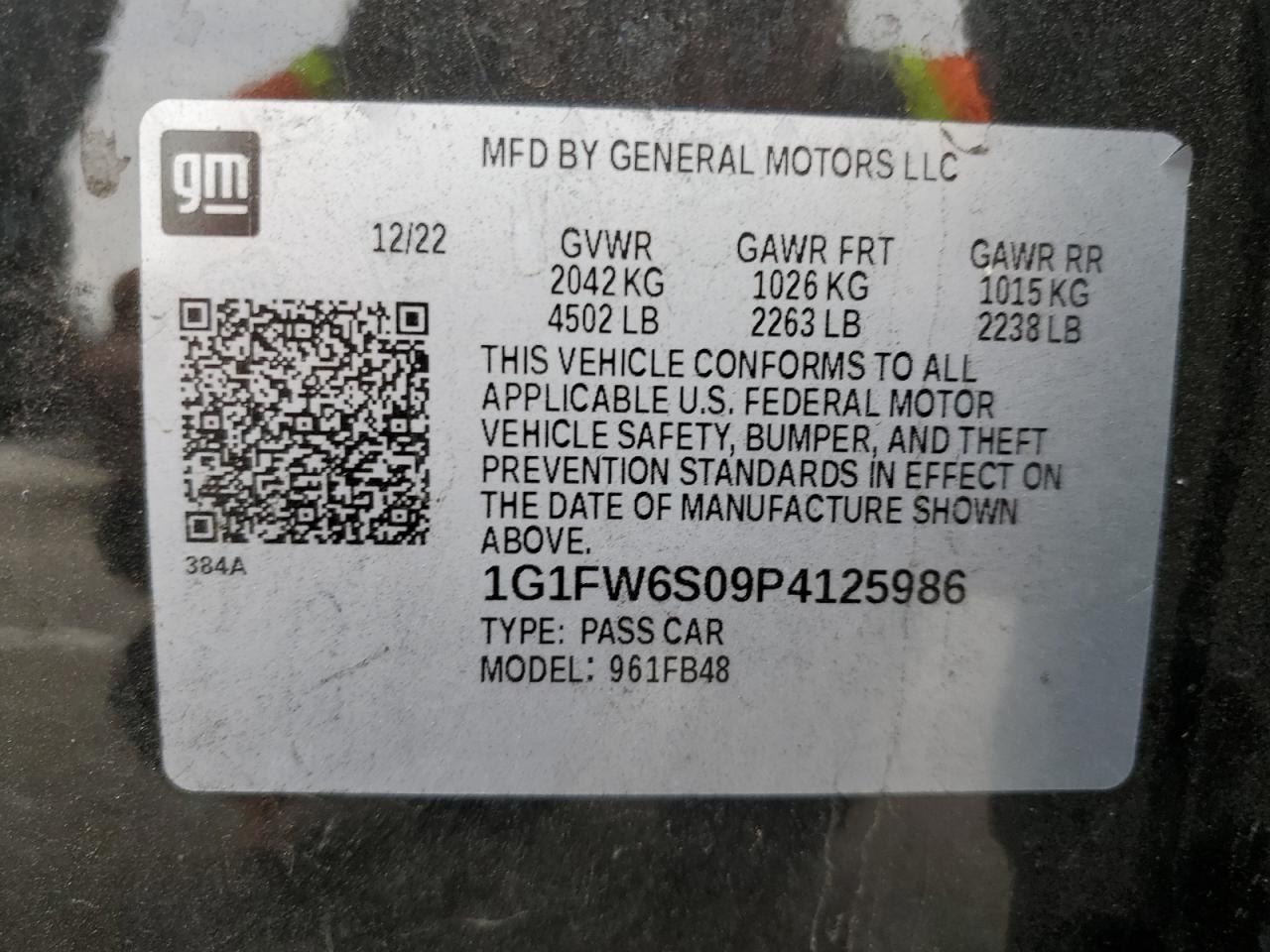 2023 CHEVROLET BOLT EV 1LT VIN:1G1FW6S09P4125986