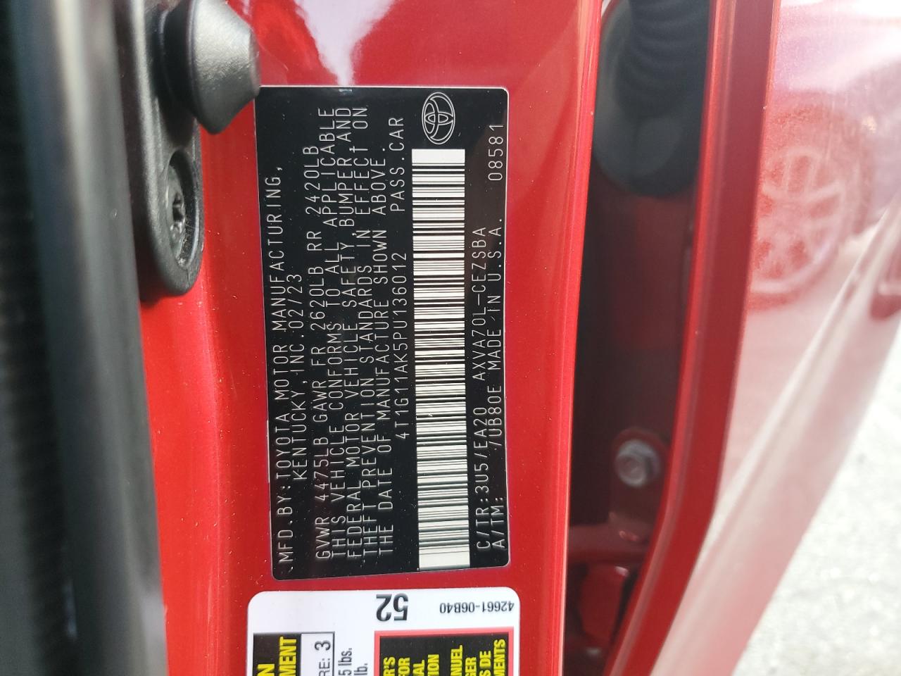 2023 TOYOTA CAMRY SE NIGHT SHADE VIN:4T1G11AK5PU136012