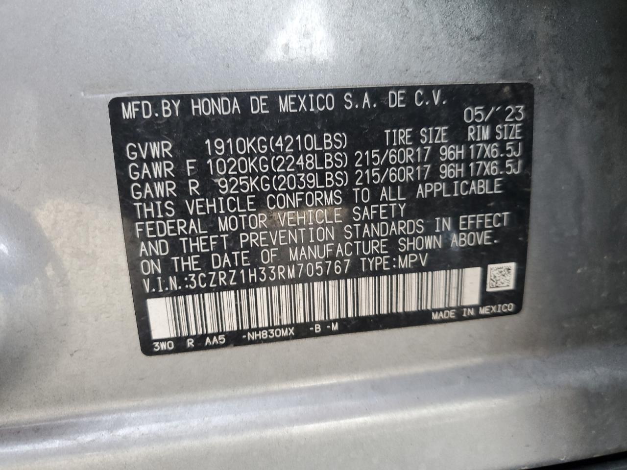 2024 HONDA HR-V LX VIN:3CZRZ1H33RM705767