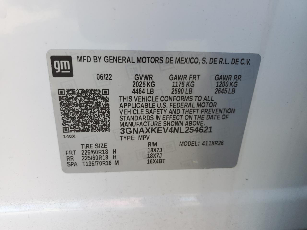 2022 CHEVROLET EQUINOX LT VIN:3GNAXKEV4NL254621