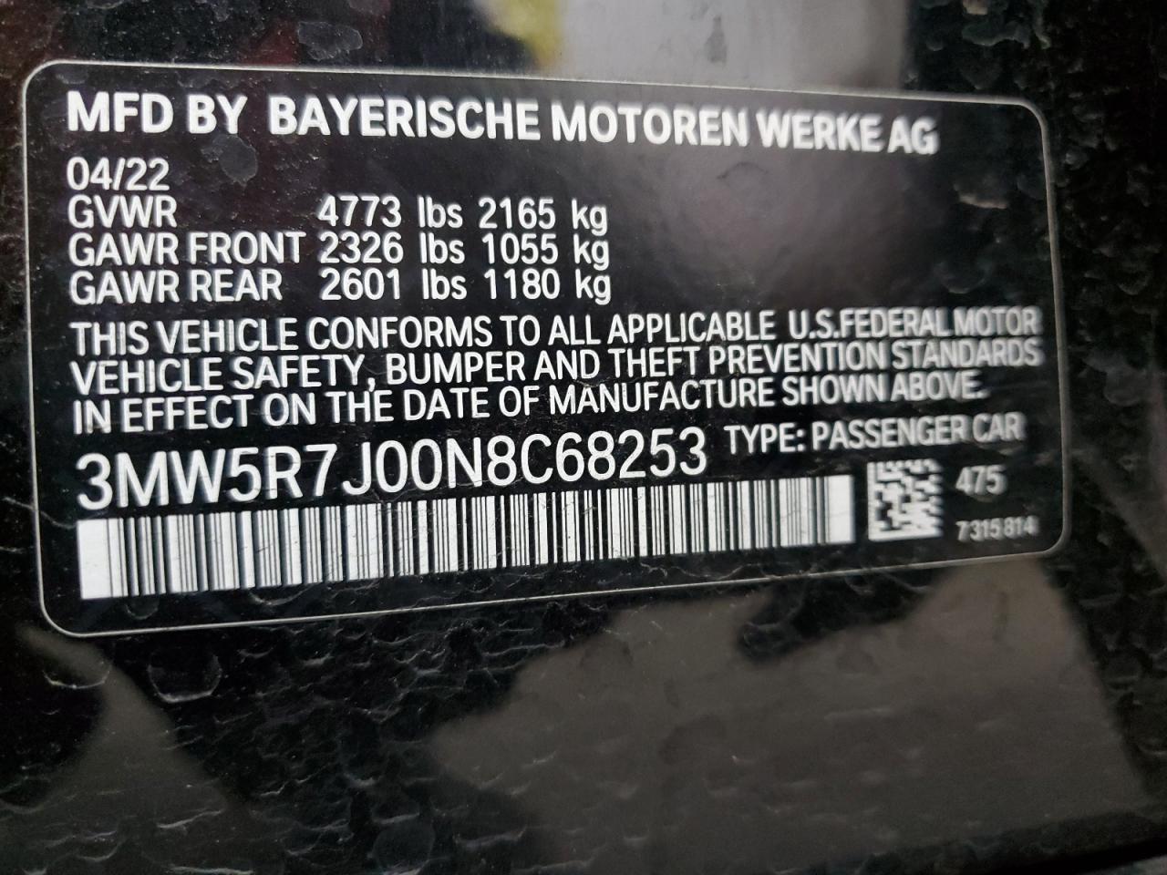 2022 BMW 330XI  VIN:3MW5R7J00N8C68253