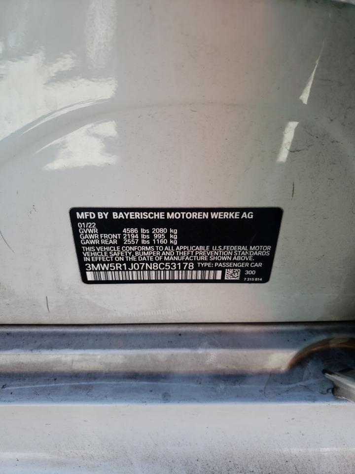 2022 BMW 330I  VIN:3MW5R1J07N8C53178