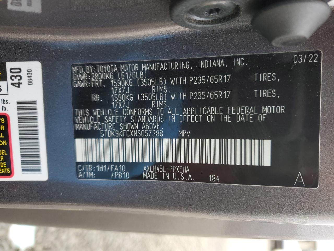 2022 TOYOTA SIENNA LE VIN:5TDKSKFCXNS057388