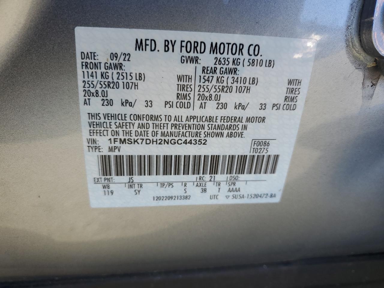 2022 FORD EXPLORER XLT VIN:1FMSK7DH2NGC44352
