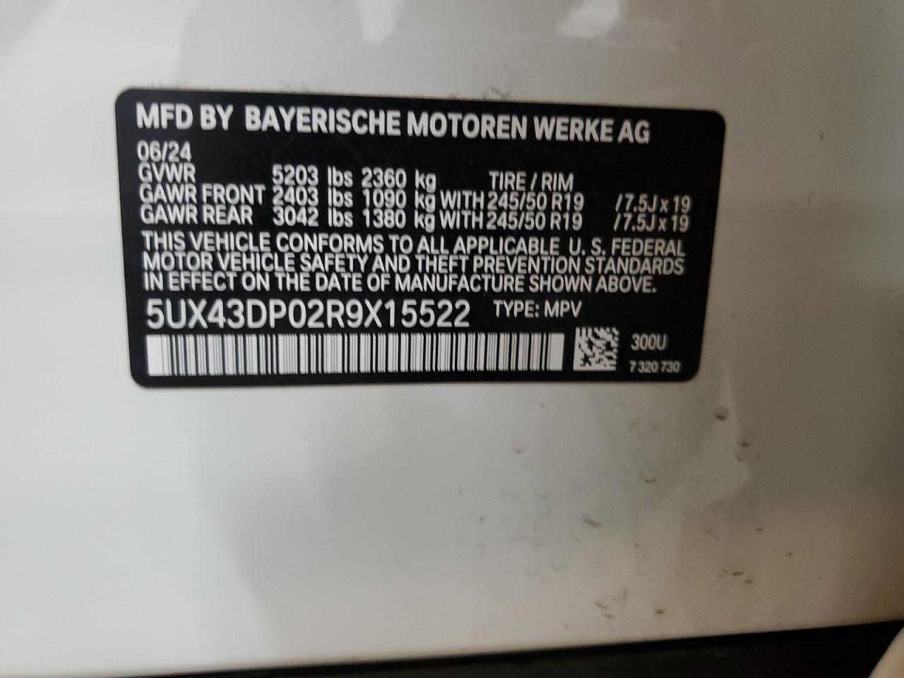 2024 BMW X3 SDRIVE30I VIN:5UX43DP02R9X15522