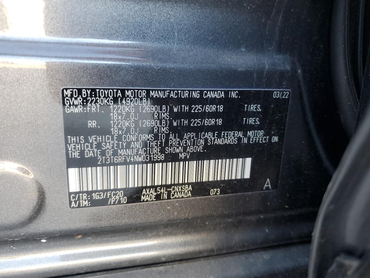 2022 TOYOTA RAV4 SE VIN:2T3T6RFV4NW031998