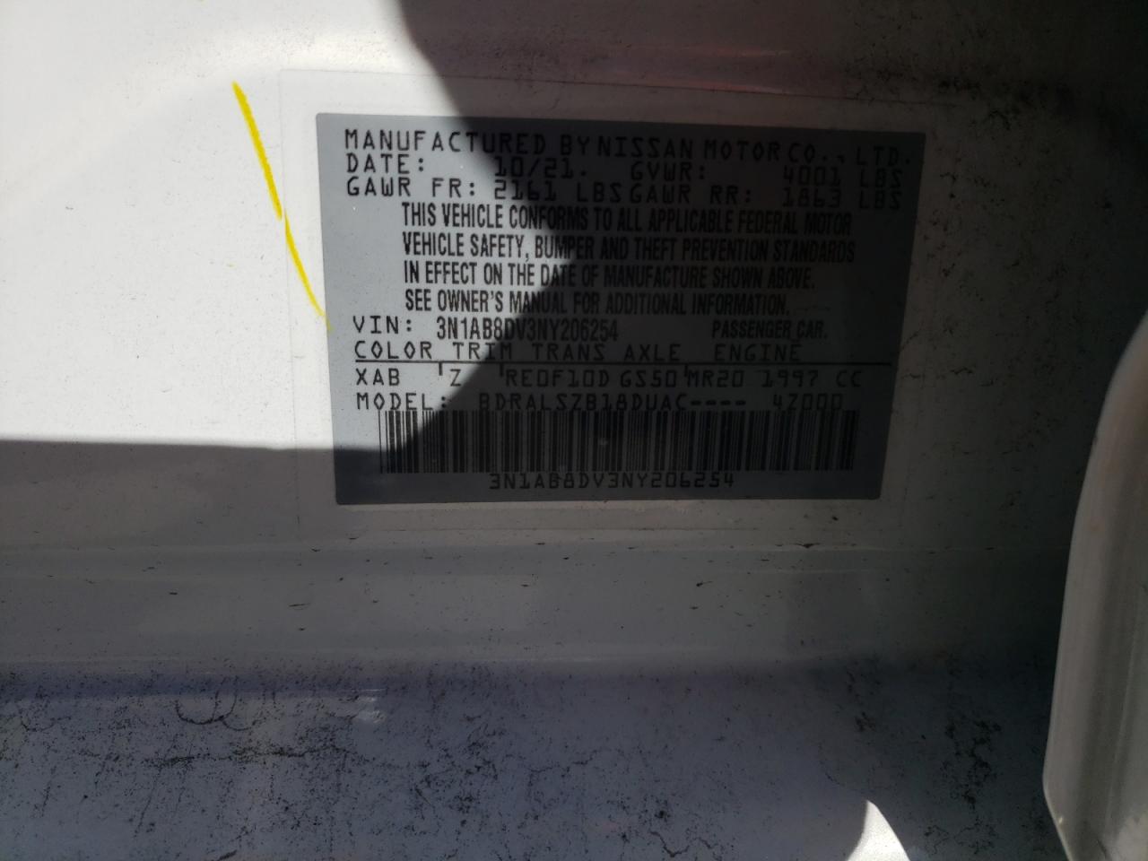 2022 NISSAN SENTRA SR VIN:3N1AB8DV3NY206254