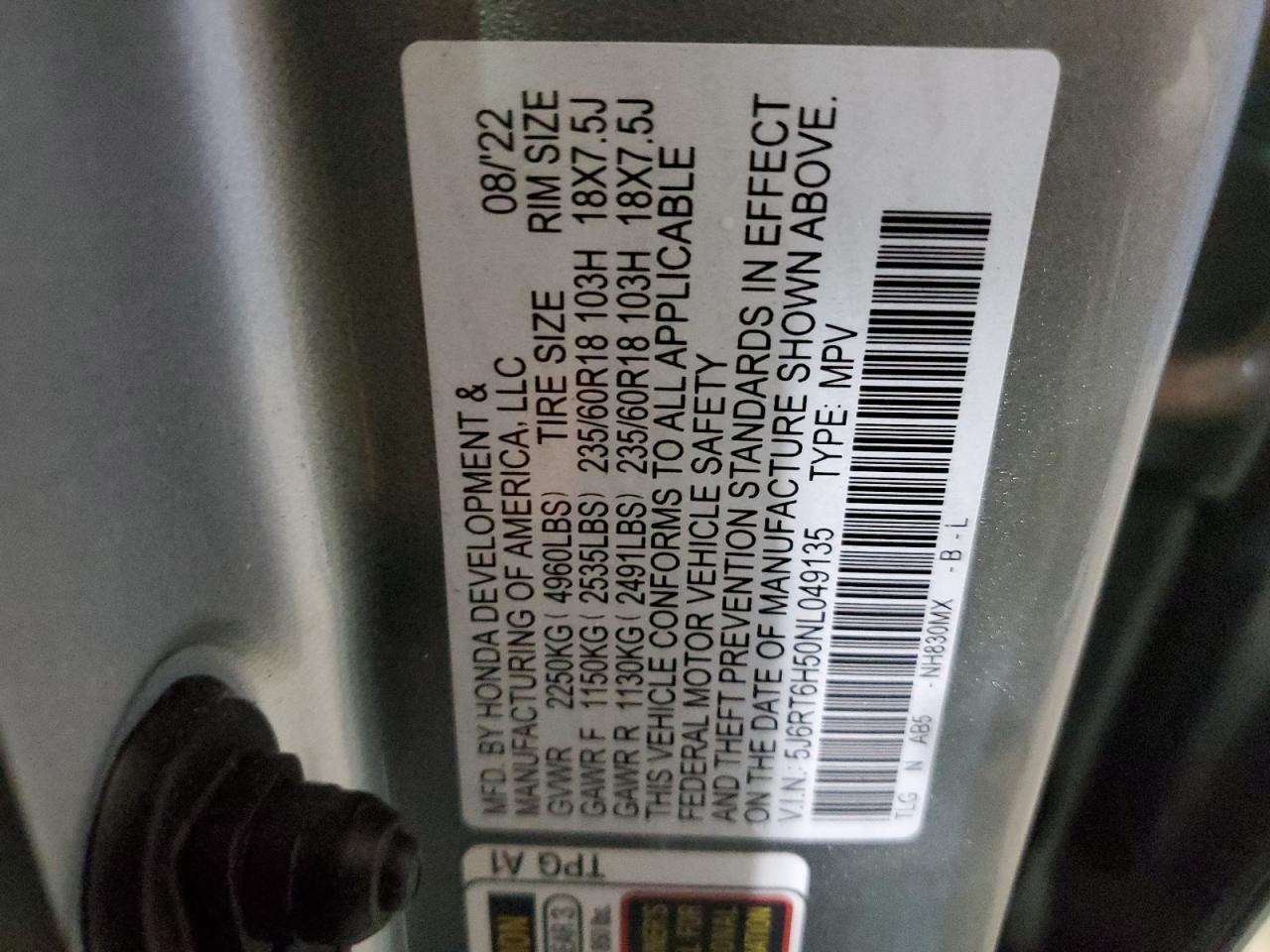 2022 HONDA CR-V EX VIN:5J6RT6H50NL049135