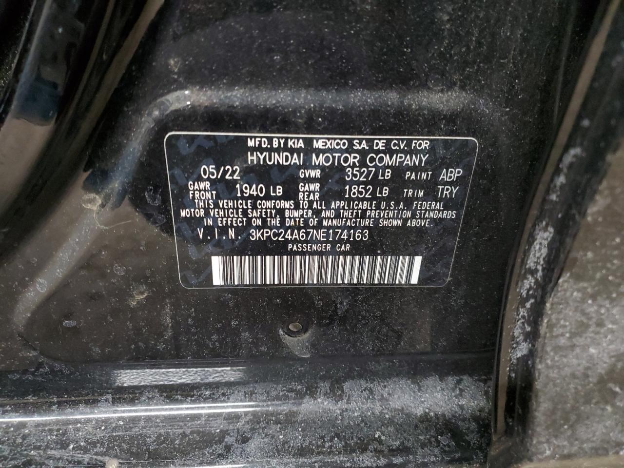 2022 HYUNDAI ACCENT SE VIN:3KPC24A67NE174163