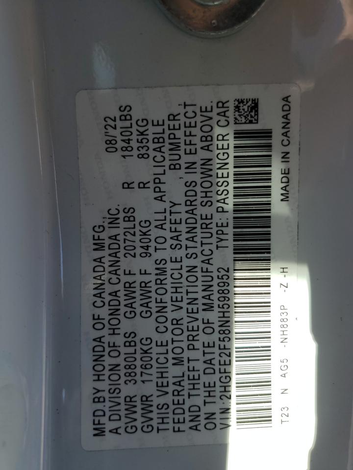 2022 HONDA CIVIC SPORT VIN:2HGFE2F58NH598952