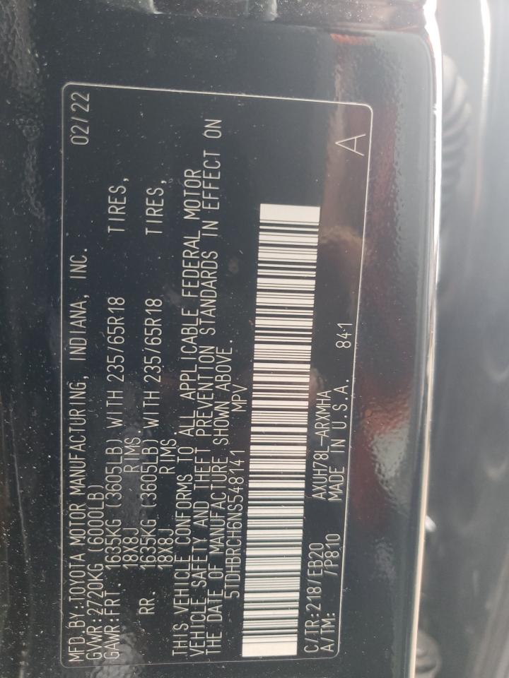 2022 TOYOTA HIGHLANDER HYBRID XLE VIN:5TDHBRCH6NS548141